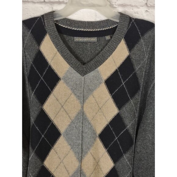 Transcript Mens XL 100% Cashmere Sweater Gray Argyle Print V Neck Soft - Picture 8 of 11